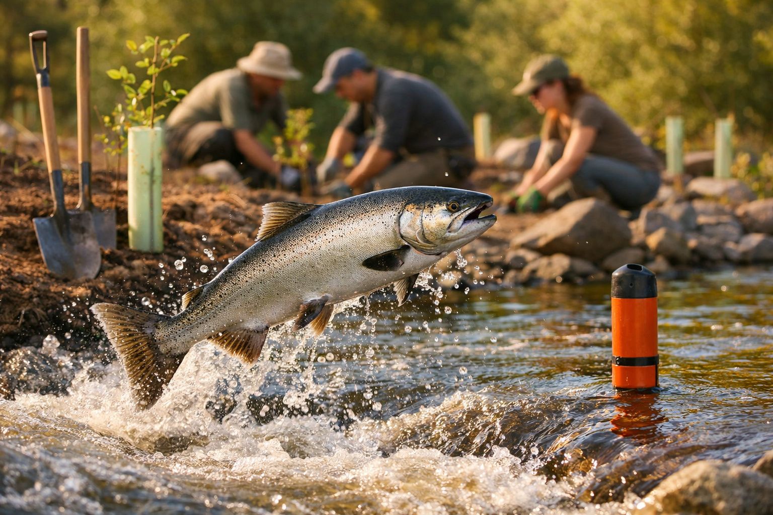 Salmão a saltar no rio perto de pessoas a trabalhar na margem com ferramentas de jardinagem.