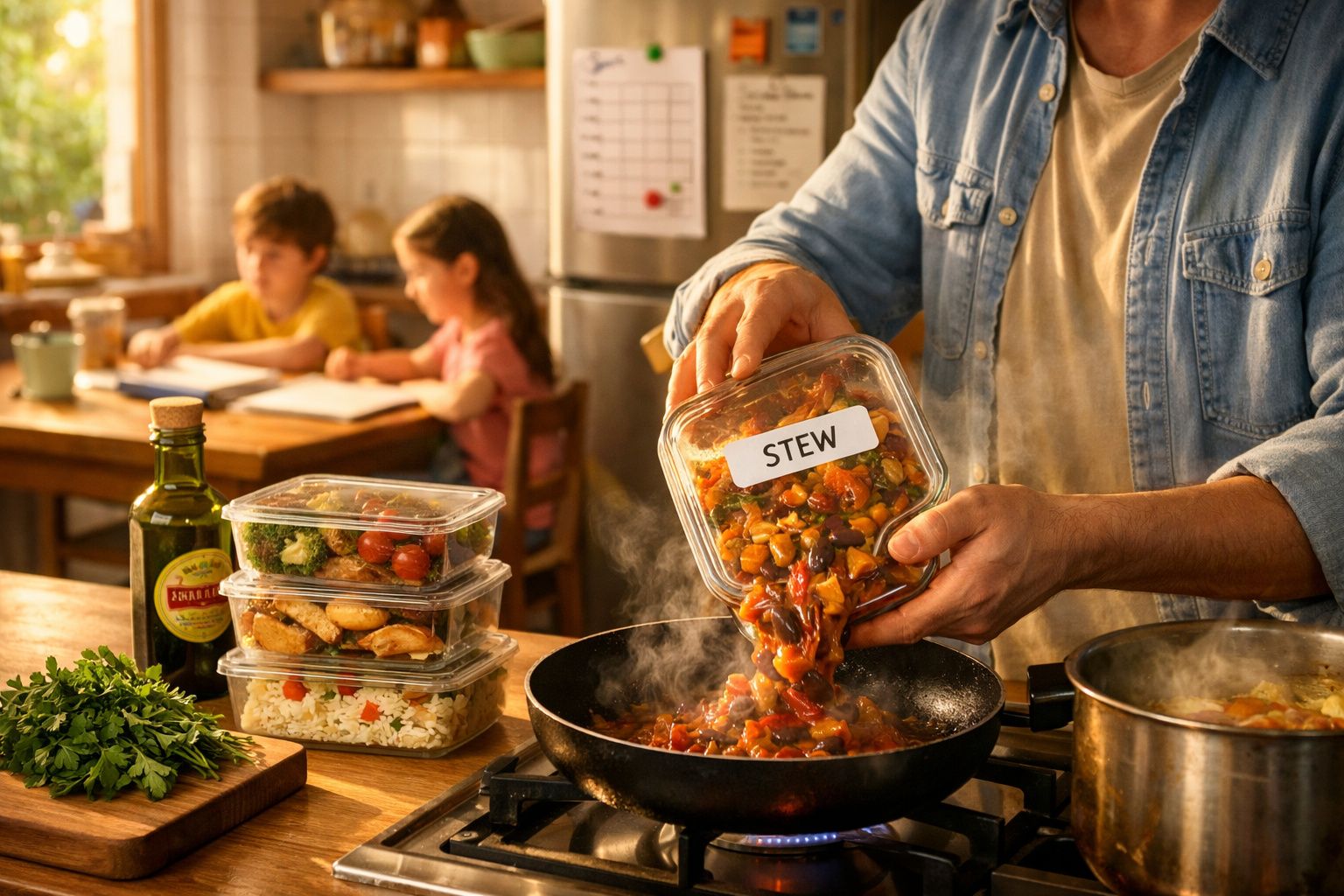 Pessoa a preparar um guisado numa frigideira, com crianças a estudar ao fundo numa cozinha acolhedora.