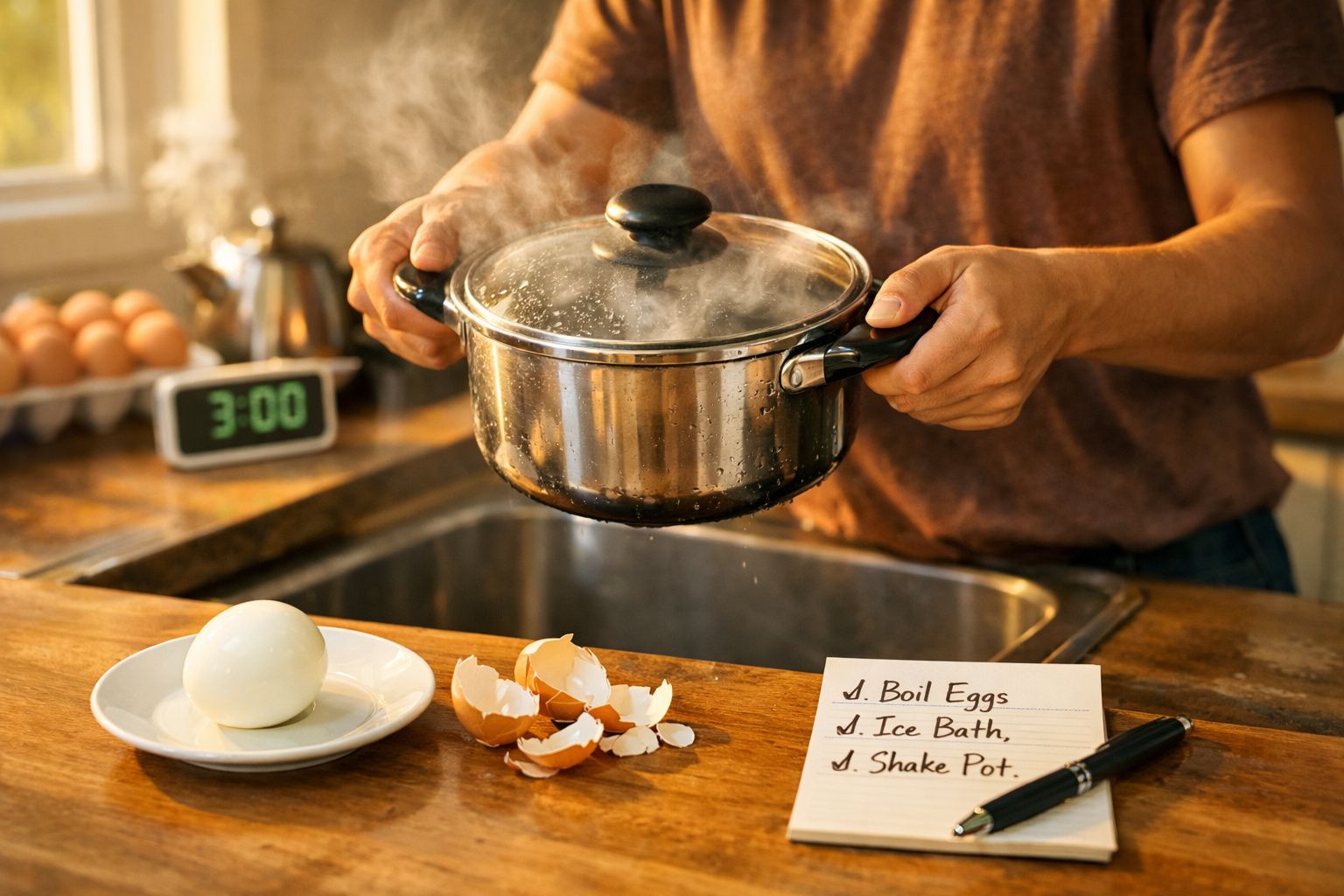 Pessoa a cozer ovos numa panela com tampa numa cozinha, com ovo descascado e lista de instruções na bancada.