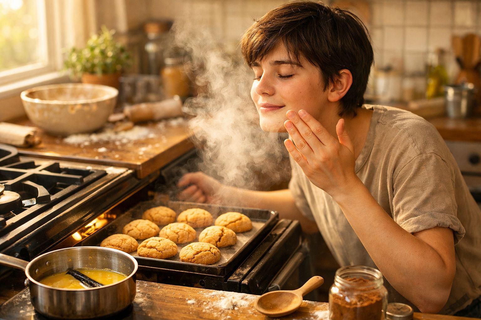 Pessoa a cheirar biscoitos acabados de sair do forno numa cozinha iluminada a luz natural.