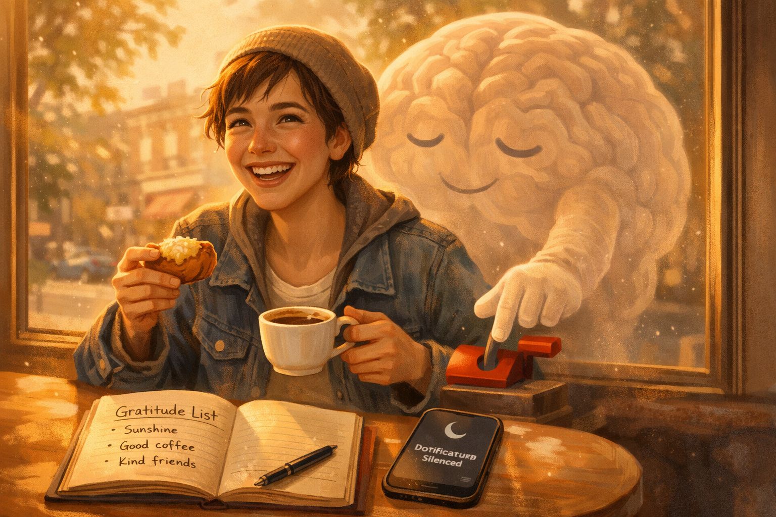 Mulher sorridente a beber café e comer, enquanto um cérebro animado pressiona um botão do silêncio.