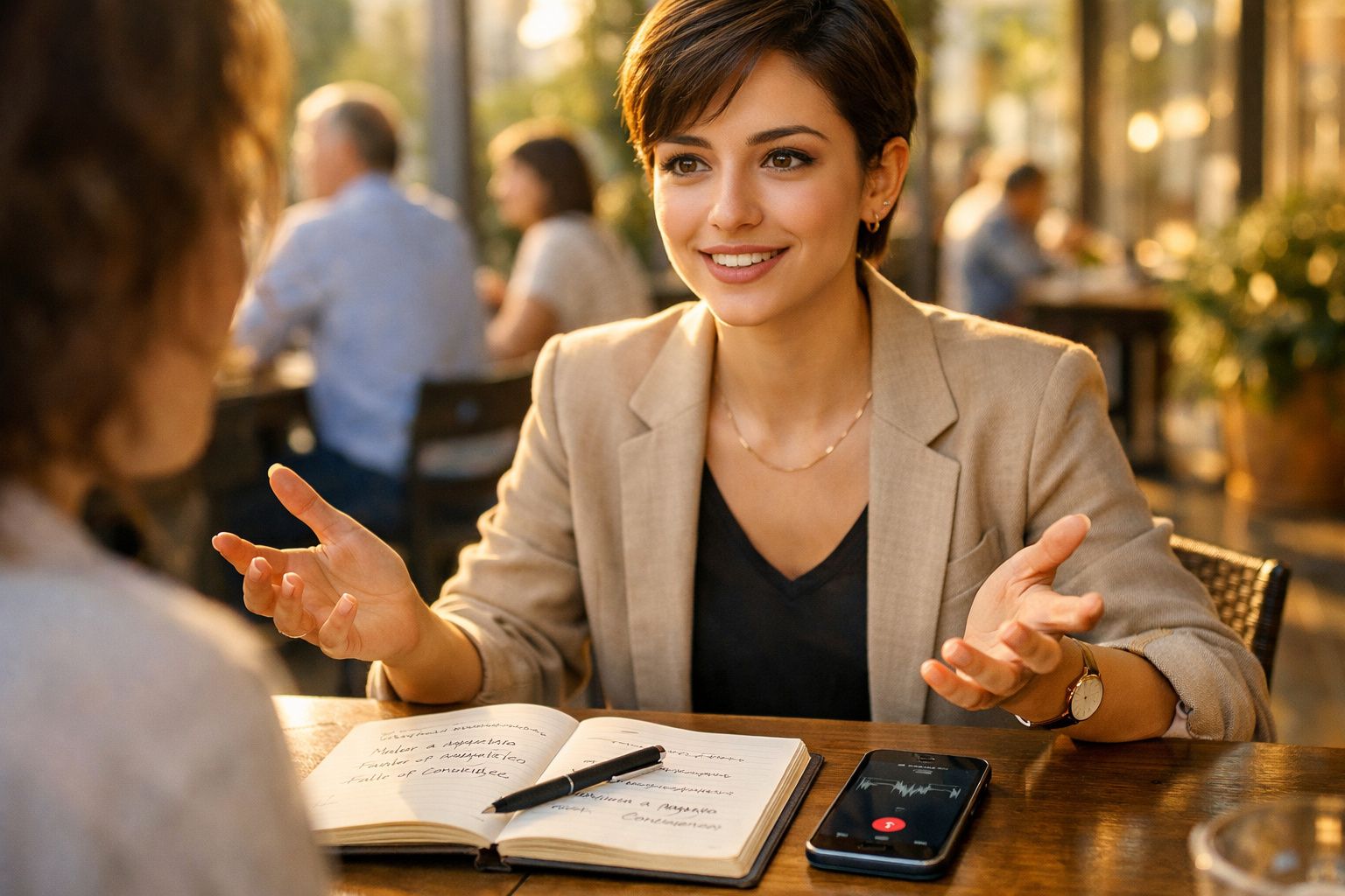 Mulher sorridente conversa com outra pessoa em café, com caderno e telemóvel na mesa.