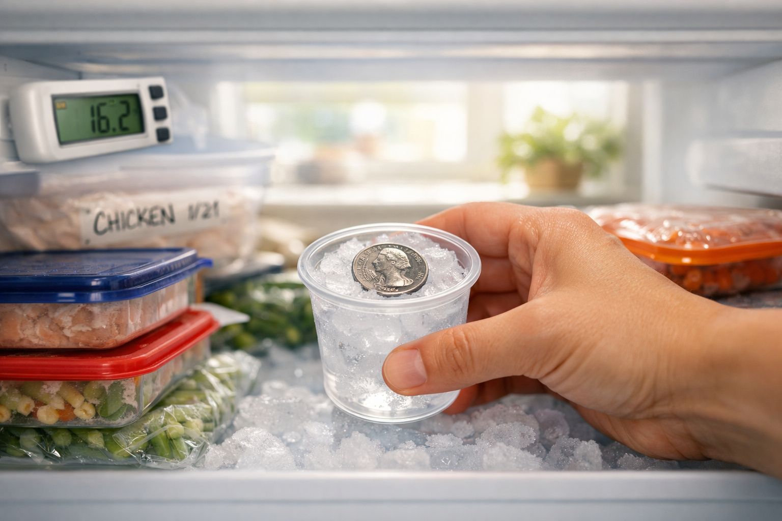 Mão a segurar copo de plástico com gelo e moeda dentro de frigorífico com alimentos e termómetro digital.