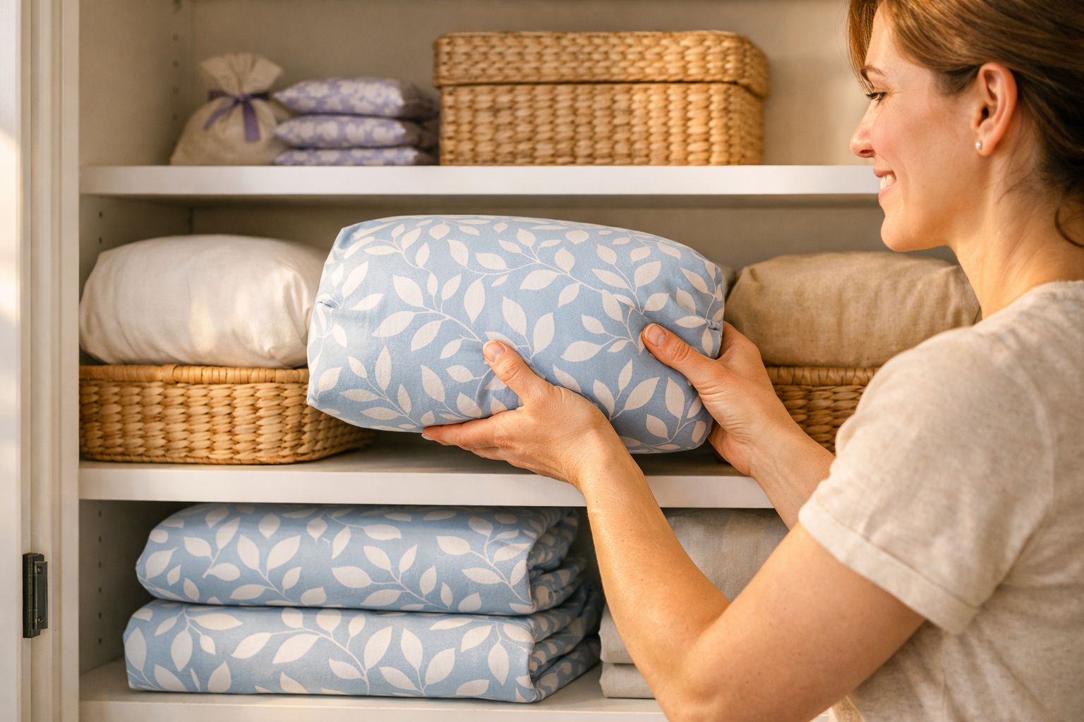 Mulher a arrumar cobertores azuis com padrão de folhas numa prateleira organizada com cestos e almofadas.