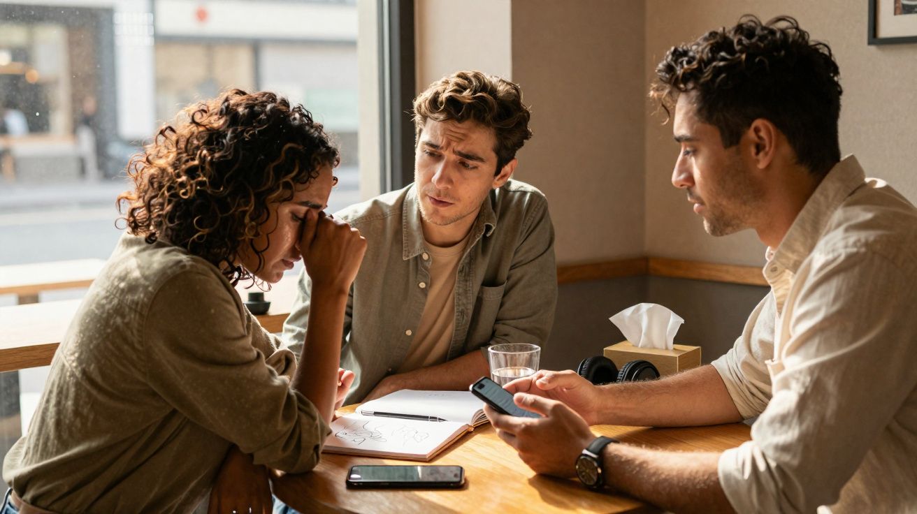 Três pessoas numa mesa, uma mulher aparenta estar triste enquanto dois homens a confortam.