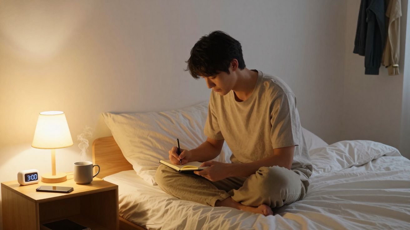 Homem jovem sentado na cama a escrever num caderno, com abajur ligado e caneca na mesa de cabeceira.