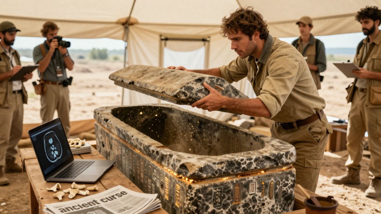 Homem abre um sarcófago antigo com inscrições enquanto equipa observa e computador exibe imagem de tomografia.