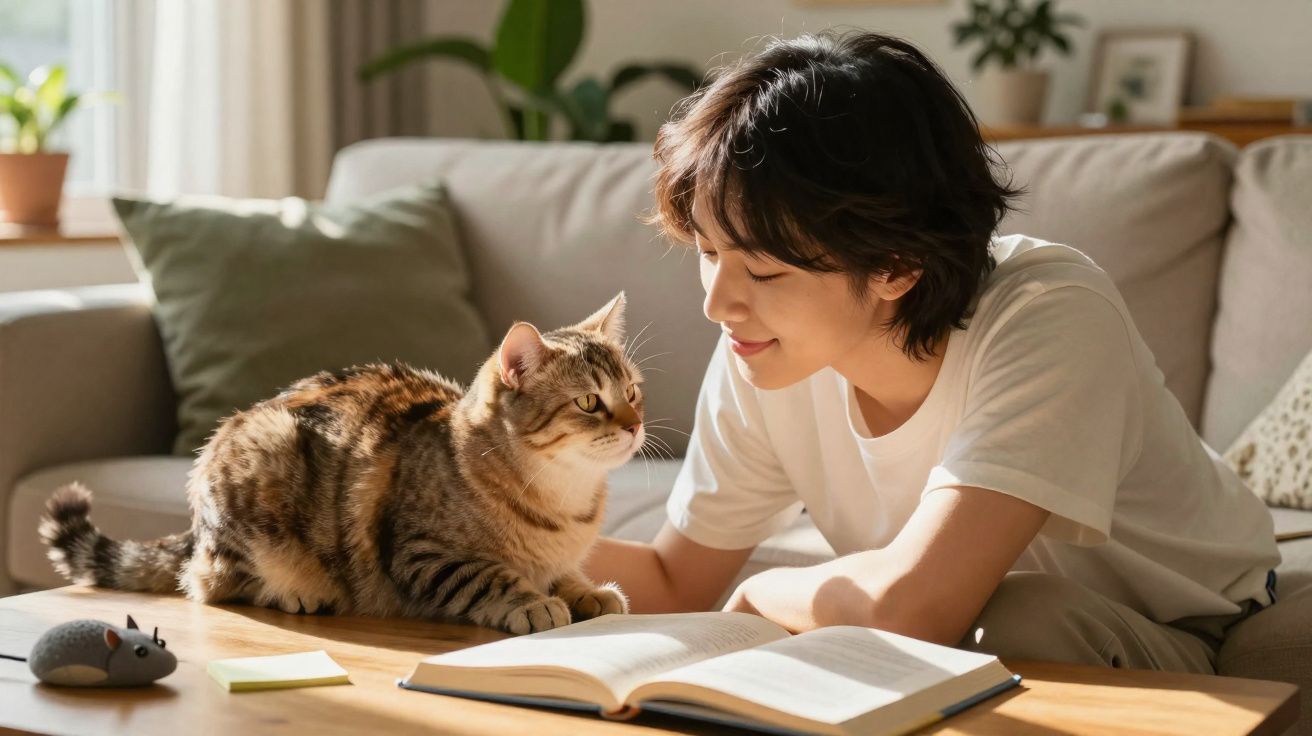 Pessoa sentada no sofá a olhar para um gato sobre a mesa com livro aberto e brinquedo de rato.