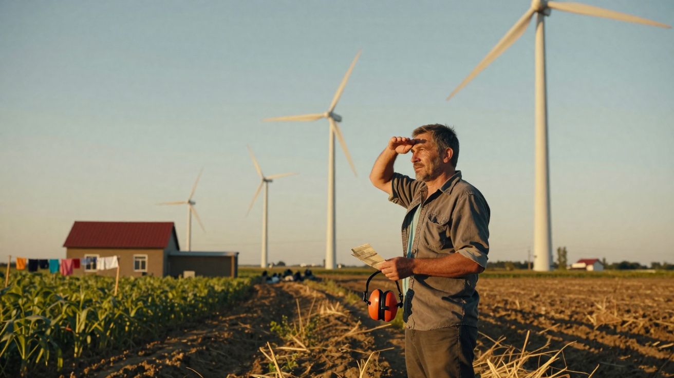 Homem na lavoura observa moinhos de vento ao pôr do sol segurando papel e protetor auricular.