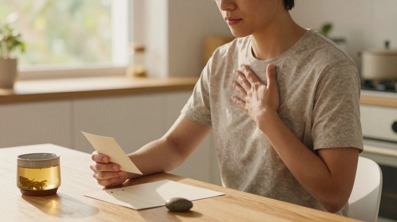 Pessoa sentada à mesa a ler carta com uma mão no peito, transmitindo emoção ou surpresa.