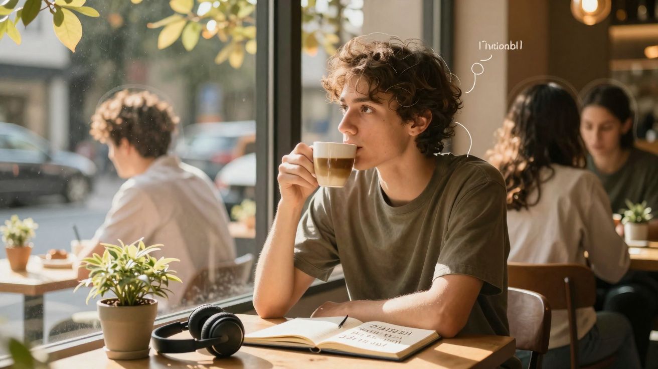 Jovem sentado numa cafeteria a beber café, com caderno aberto e auscultadores numa mesa junto à janela.