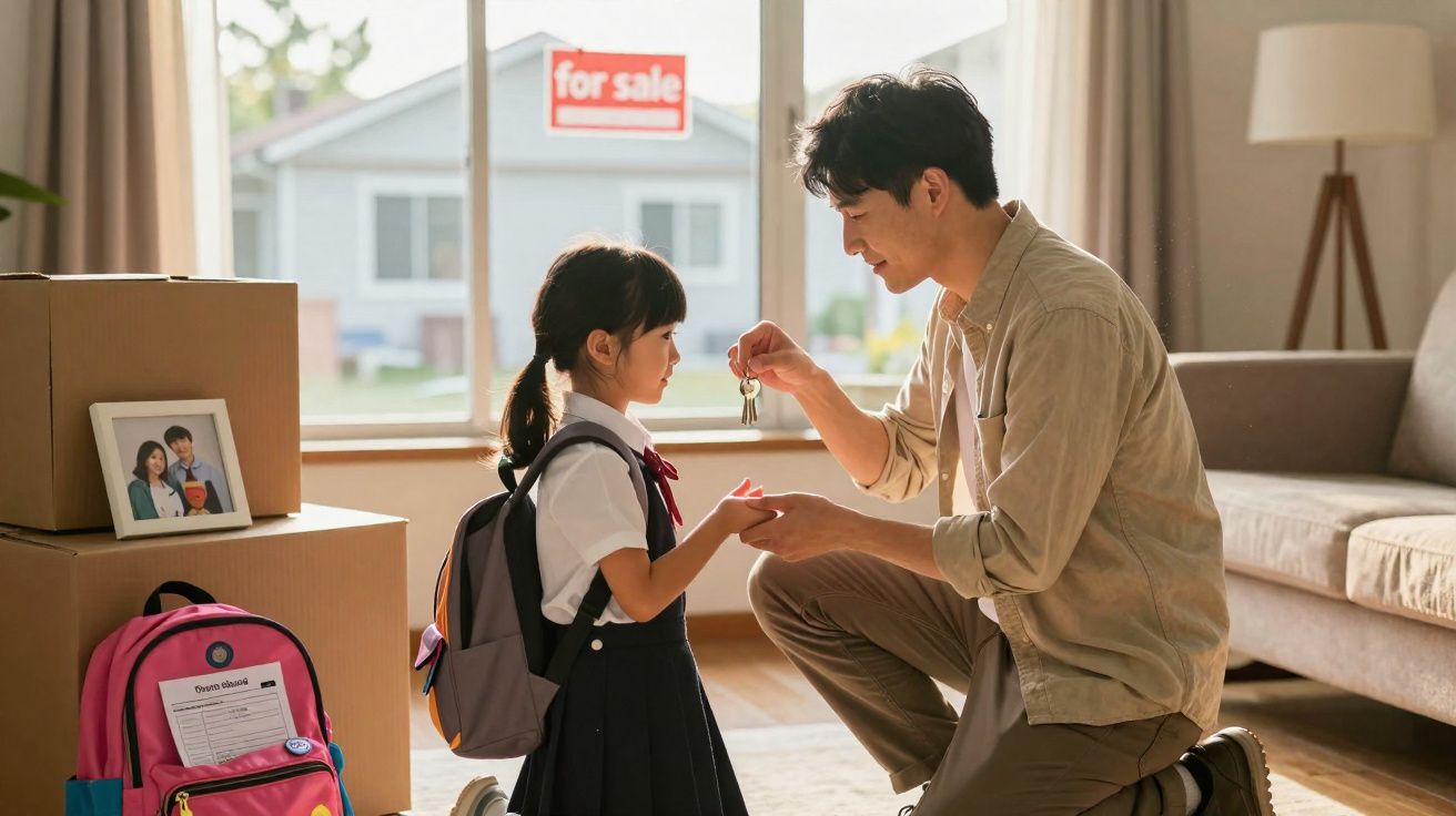 Pai ajoelhado entrega chaves ao filho em casa nova com placa de venda na janela ao fundo.