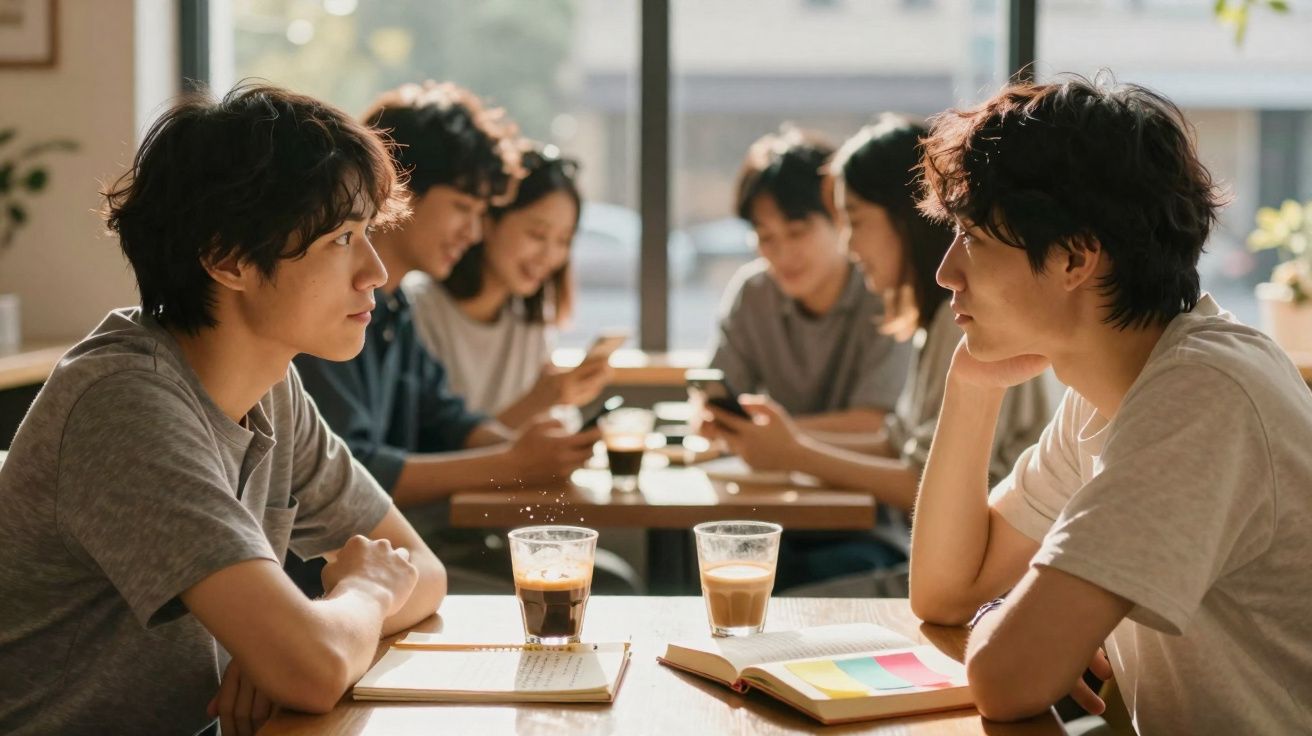 Duas pessoas sentadas frente a frente com café, livros e cadernos, outras quatro pessoas ao fundo a usar telemóveis.