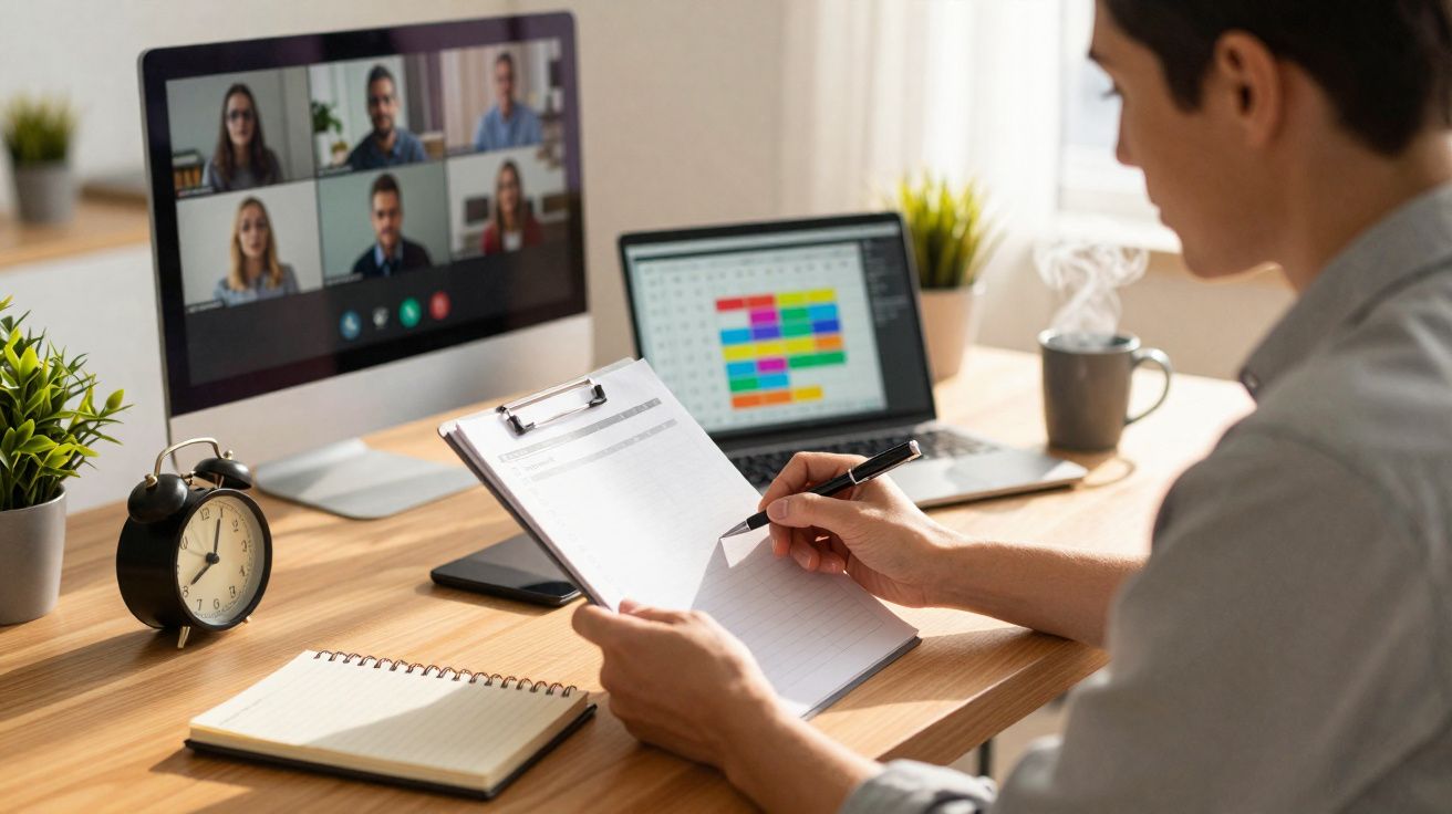 Pessoa em teletrabalho a fazer anotações durante videoconferência com computador e agenda na secretária.
