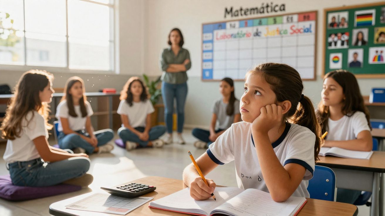 Alunos em sala de aula com professora ao fundo, enquanto criança pensa e escreve no caderno.