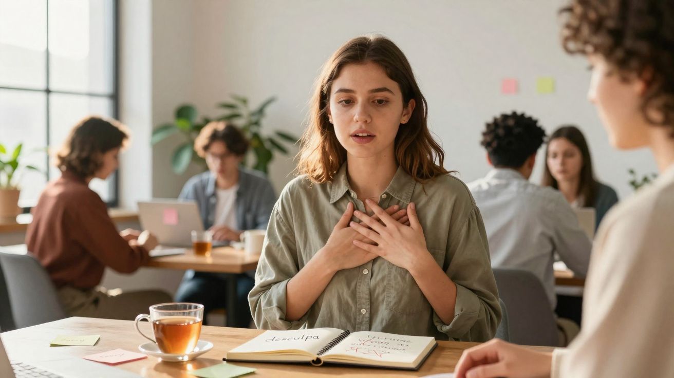 Mulher sentada à mesa com mãos no peito, falando em grupo de trabalho com várias pessoas ao fundo.