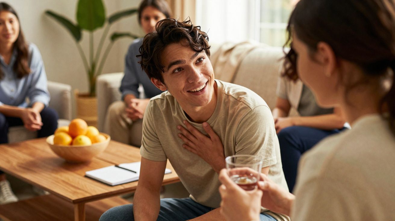Jovem a sorrir e a conversar numa reunião informal com três pessoas num ambiente cómodo e acolhedor.