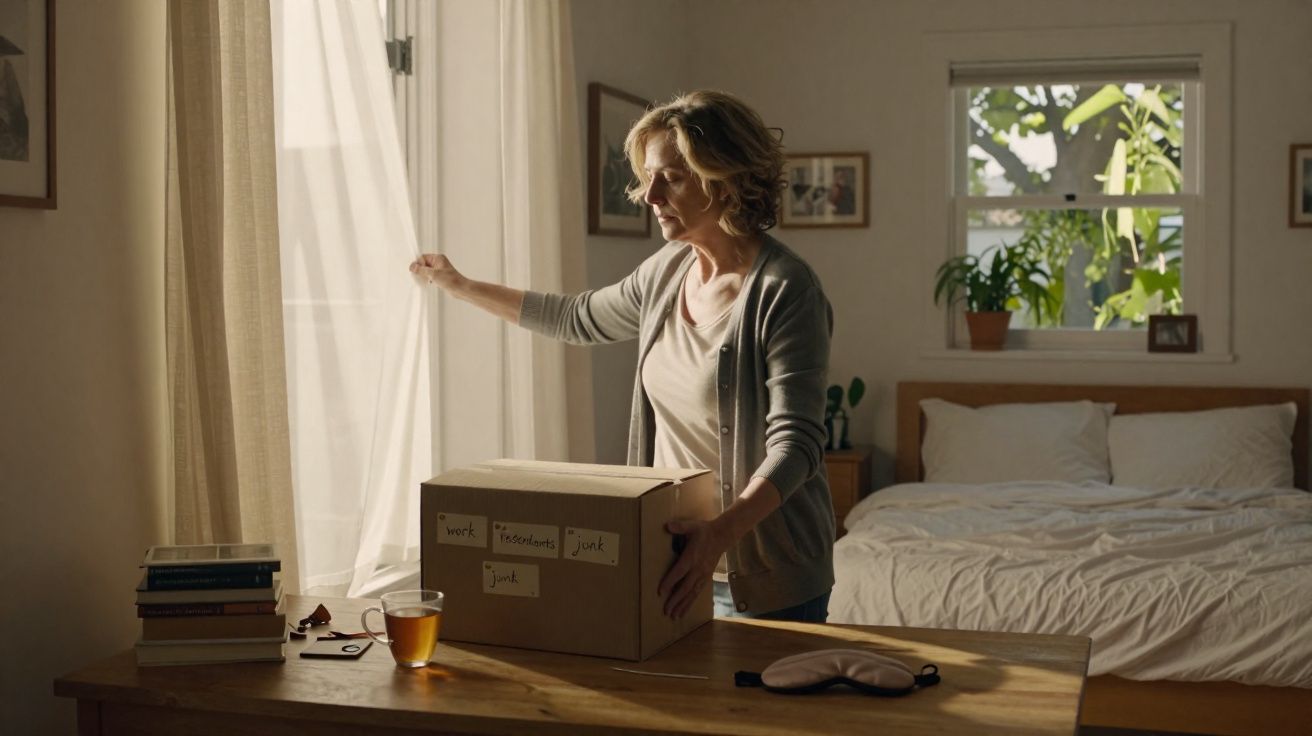 Mulher a abrir a cortina junto a uma caixa de papelão numa mesa, em quarto iluminado pela luz natural.