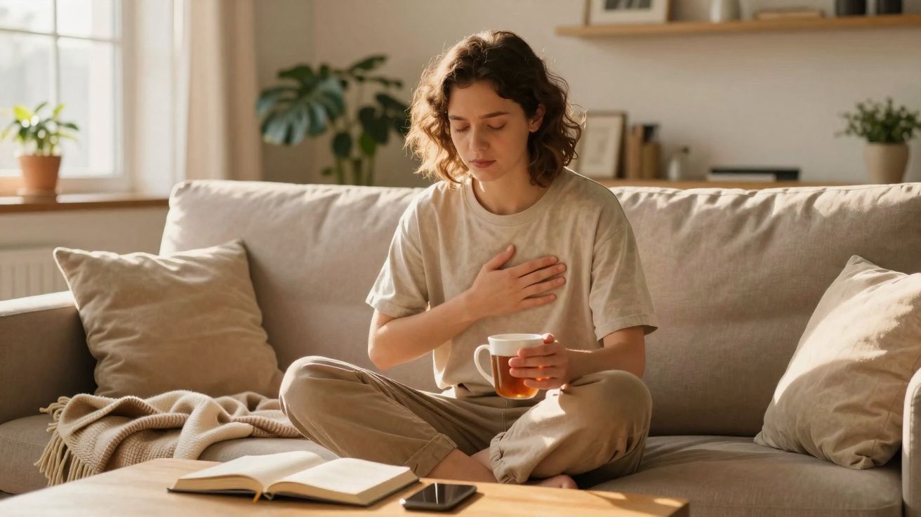 Mulher sentada no sofá com chá, mão no peito, expressão de desconforto ou dor no peito.