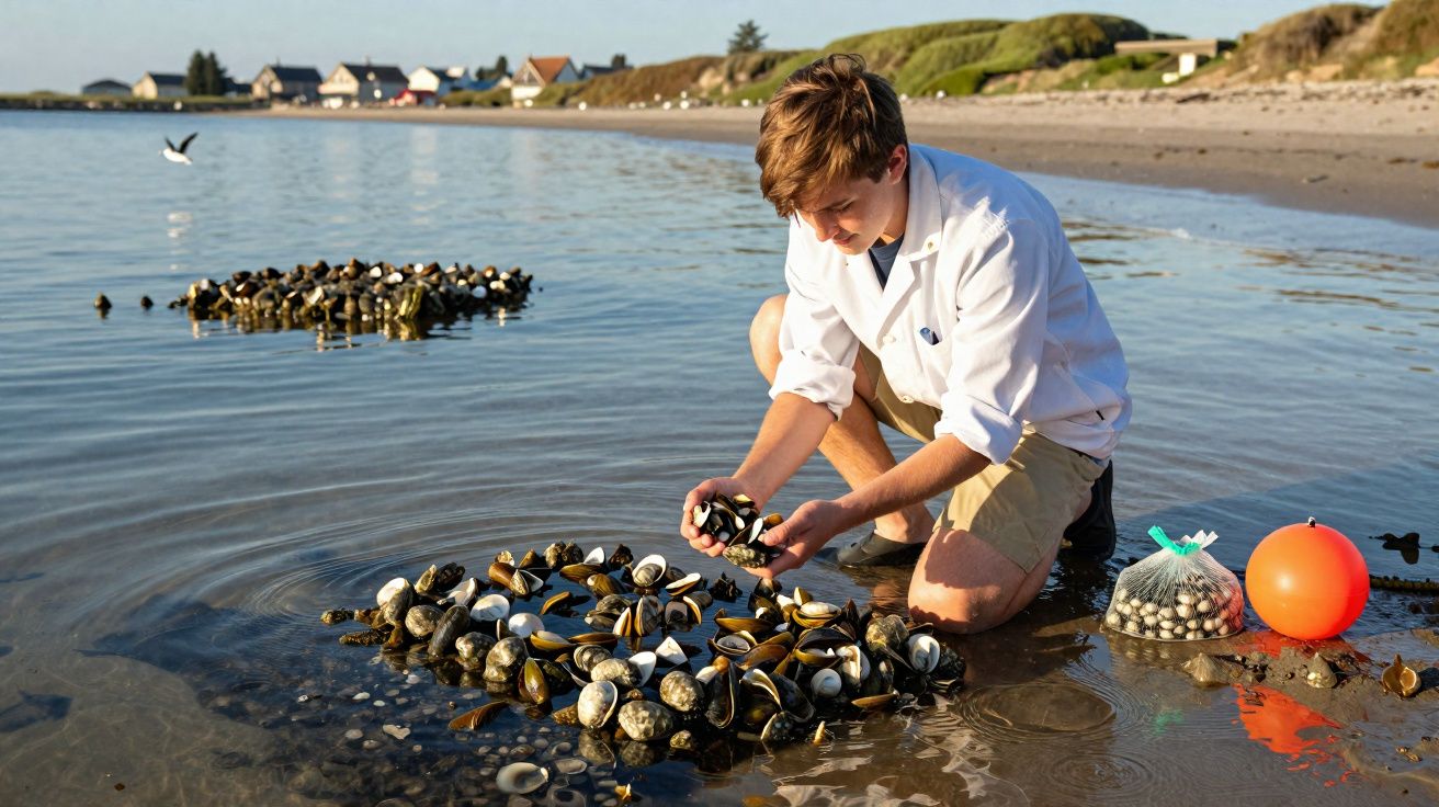 Jovem agachado junto à água recolhe moluscos em pequenas ilhas de conchas numa praia com casas ao fundo.