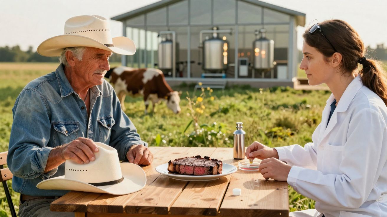 Homem de chapéu de cowboy e mulher de bata branca sentados à mesa ao ar livre com bife e vaca ao fundo.
