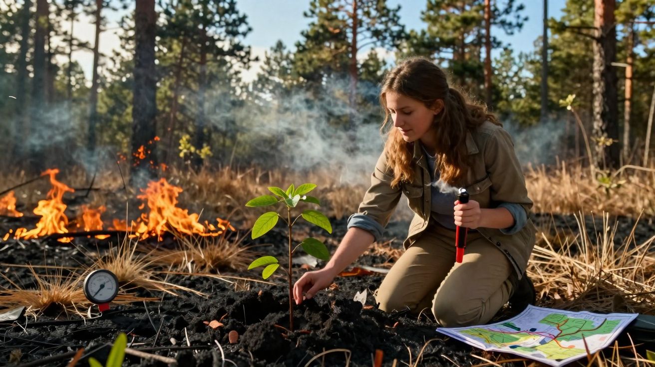 Jovem planta uma árvore numa área queimada, rodeada por fogo e árvores, com mapas no chão.