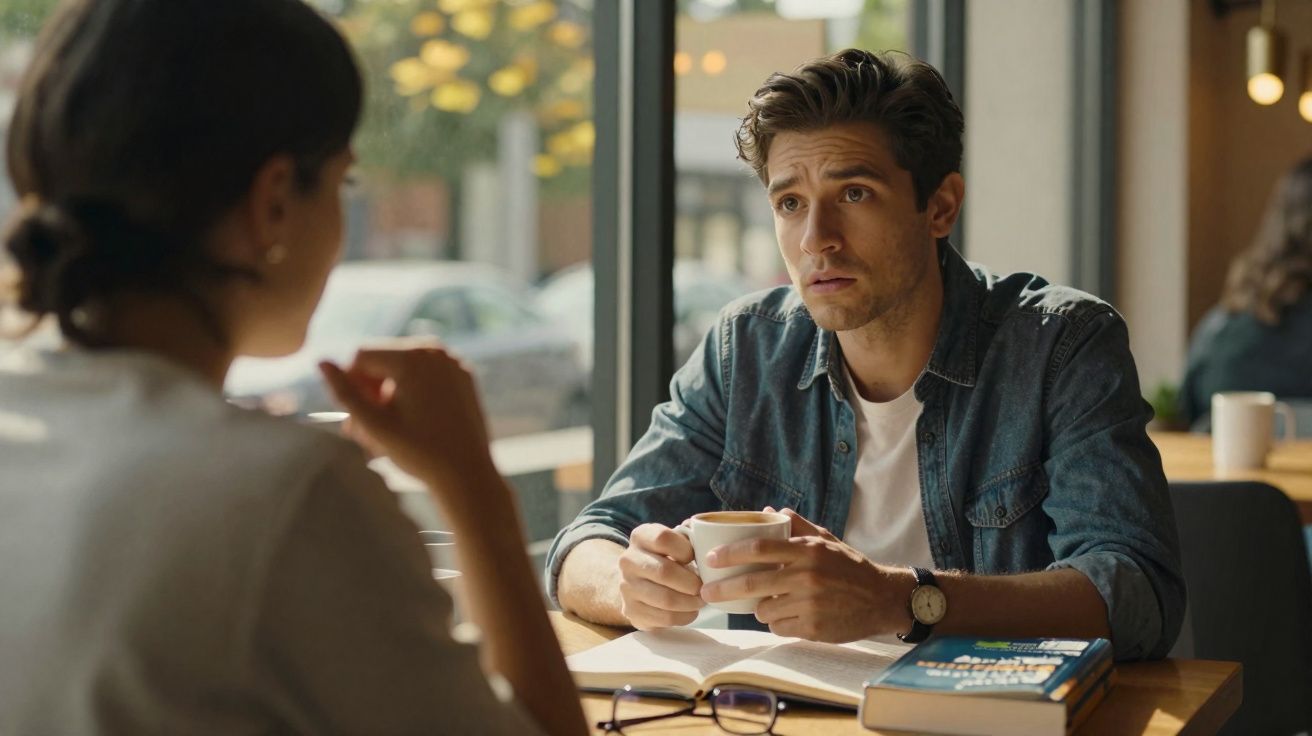 Homem a conversar com mulher numa esplanada, segurando chávena, com livros e óculos na mesa.