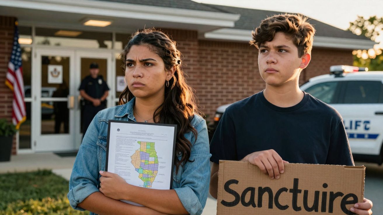 Jovem mulher e rapaz seguram mapa e cartaz “Sanctuaire” em protesto junto a polícia nos EUA.