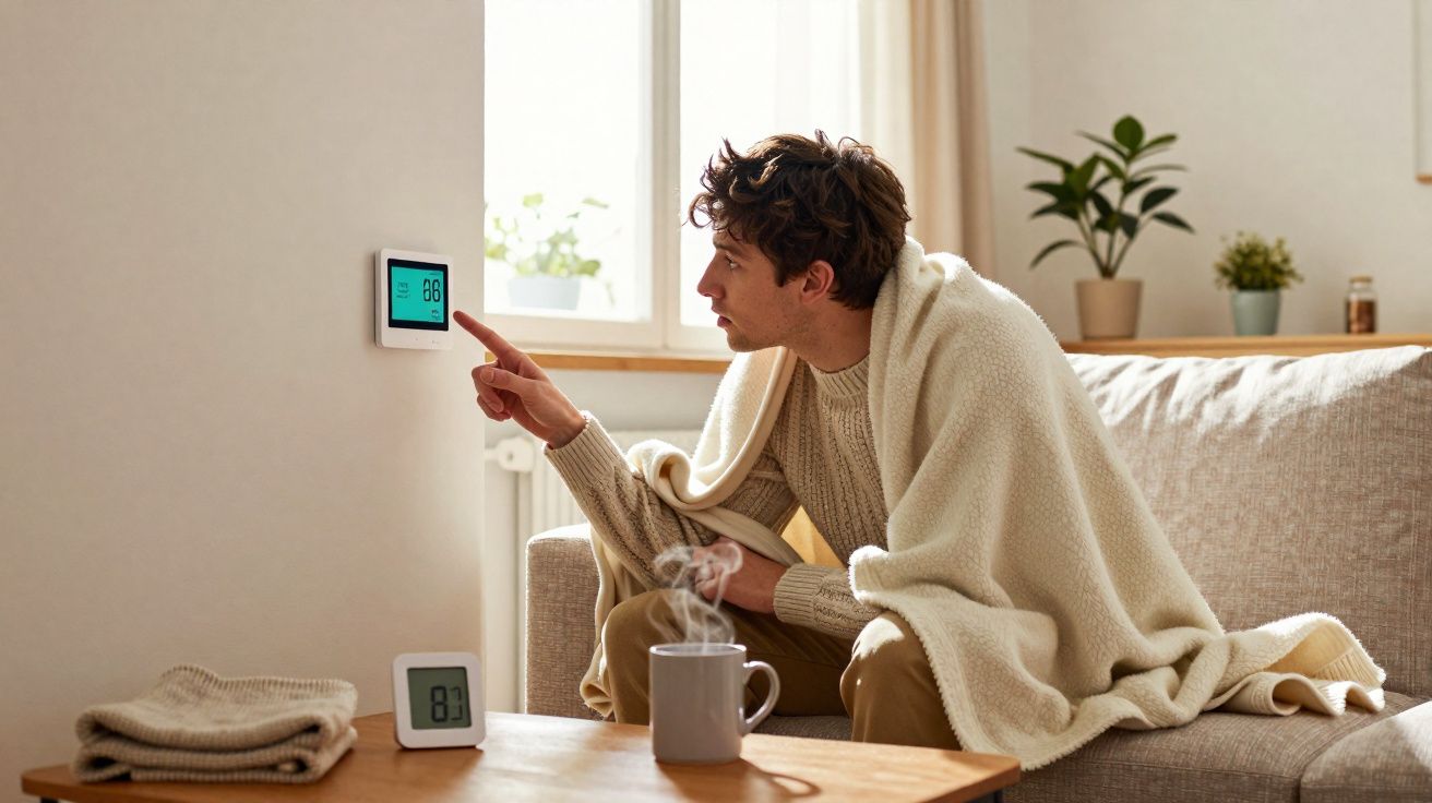 Homem coberto com manta ajusta termostato na parede, sentado num sofá numa sala acolhedora.