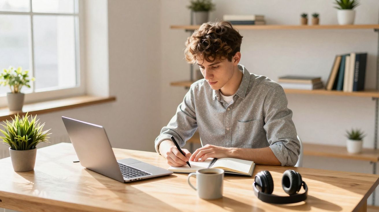 Jovem a estudar com computador portátil, escrevendo num caderno numa mesa com plantas, auriculares e caneca.
