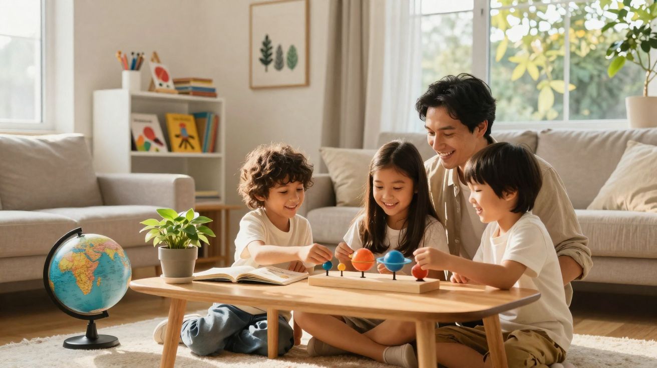 Crianças e adulto a aprender sobre o sistema solar com modelo e globo na sala de estar iluminada.