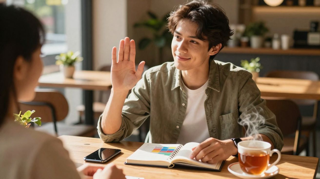 Jovem a dar um cumprimento de mão elevada enquanto está sentado numa mesa com chá, telemóvel e caderno aberto.