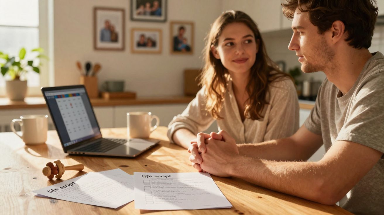 Casal sentado à mesa com documentos e computador portátil, a conversar num ambiente claro e acolhedor.