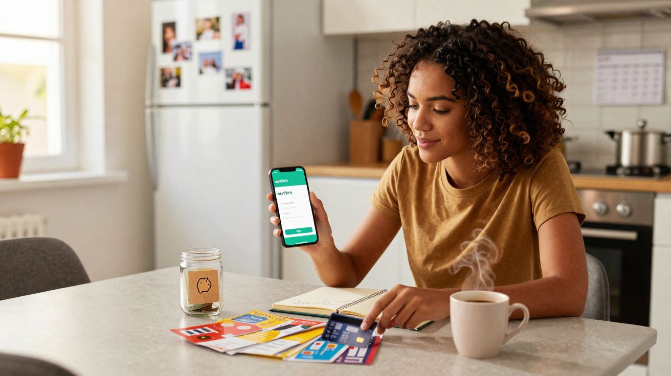 Mulher sentada à mesa da cozinha a fazer compras online com telemóvel e cartão, com café a fumegar à frente.