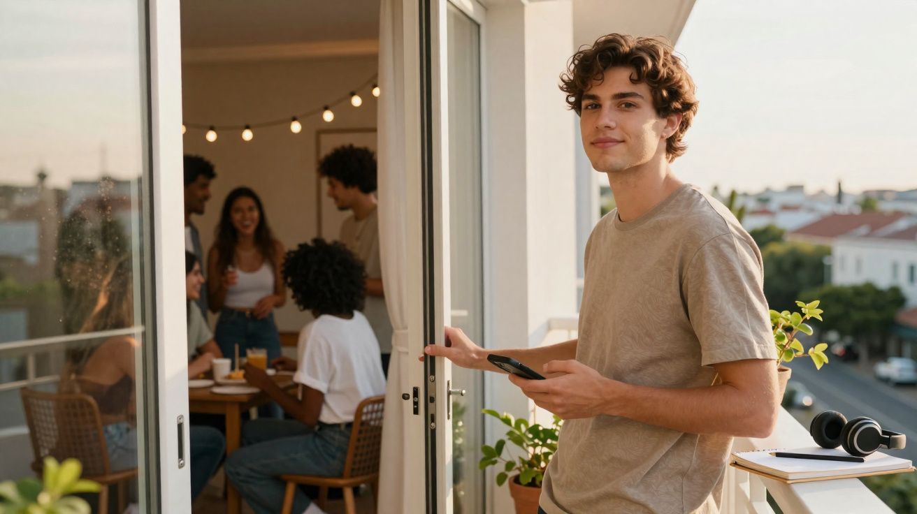 Homem jovem na varanda com telemóvel, grupo de amigos a conversar à mesa na sala iluminada ao fundo.