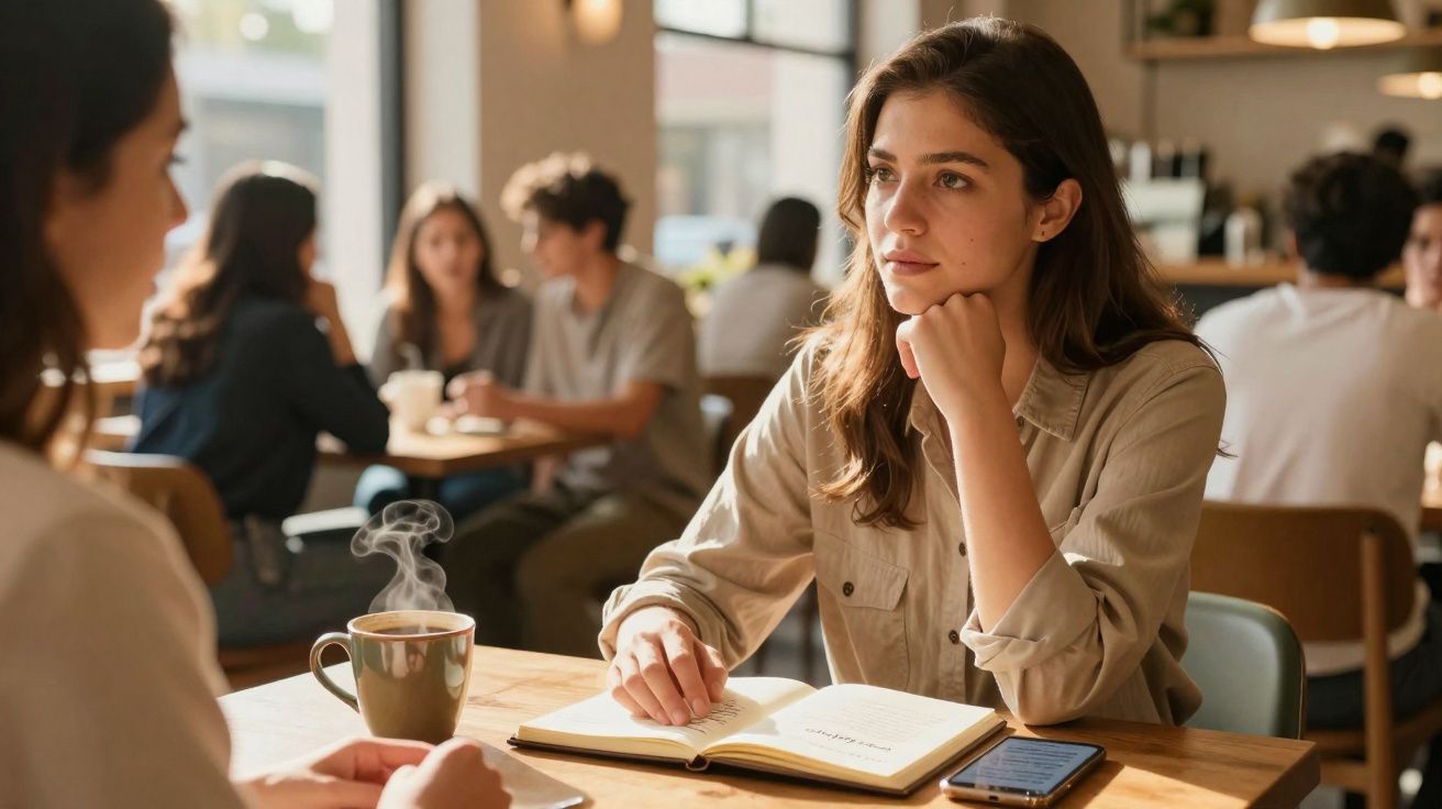 Mulher pensativa com livro aberto e café quente numa mesa de café movimentada.