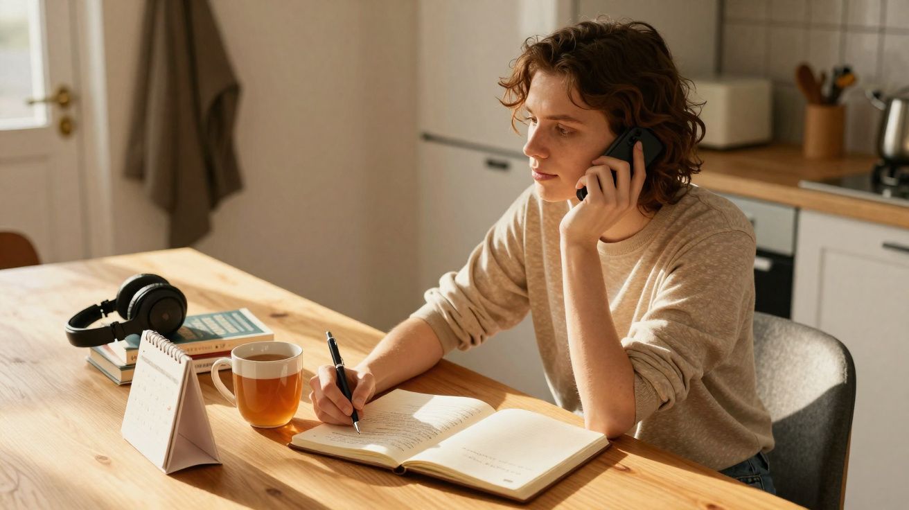 Pessoa sentada numa mesa a falar ao telemóvel enquanto escreve num caderno aberto numa cozinha iluminada.