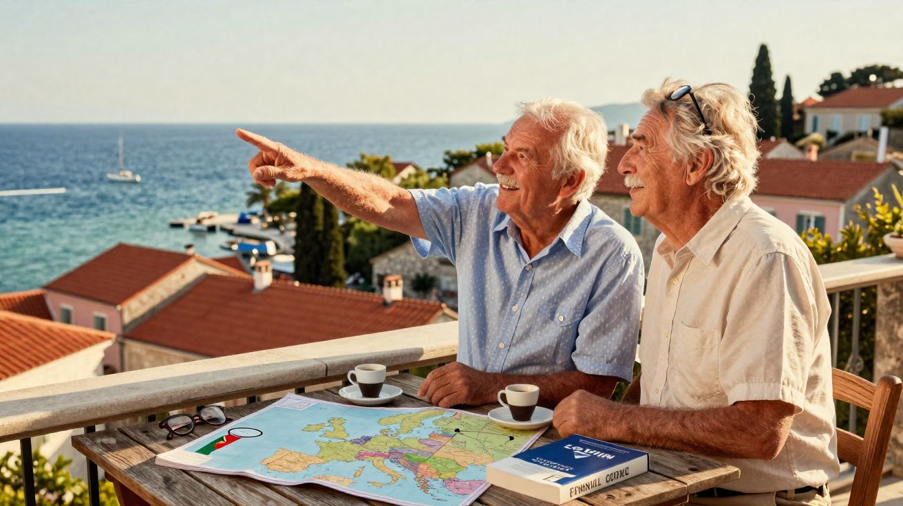 Dois homens idosos sentados à mesa com mapa, café e vista para o mar num cenário ensolarado.