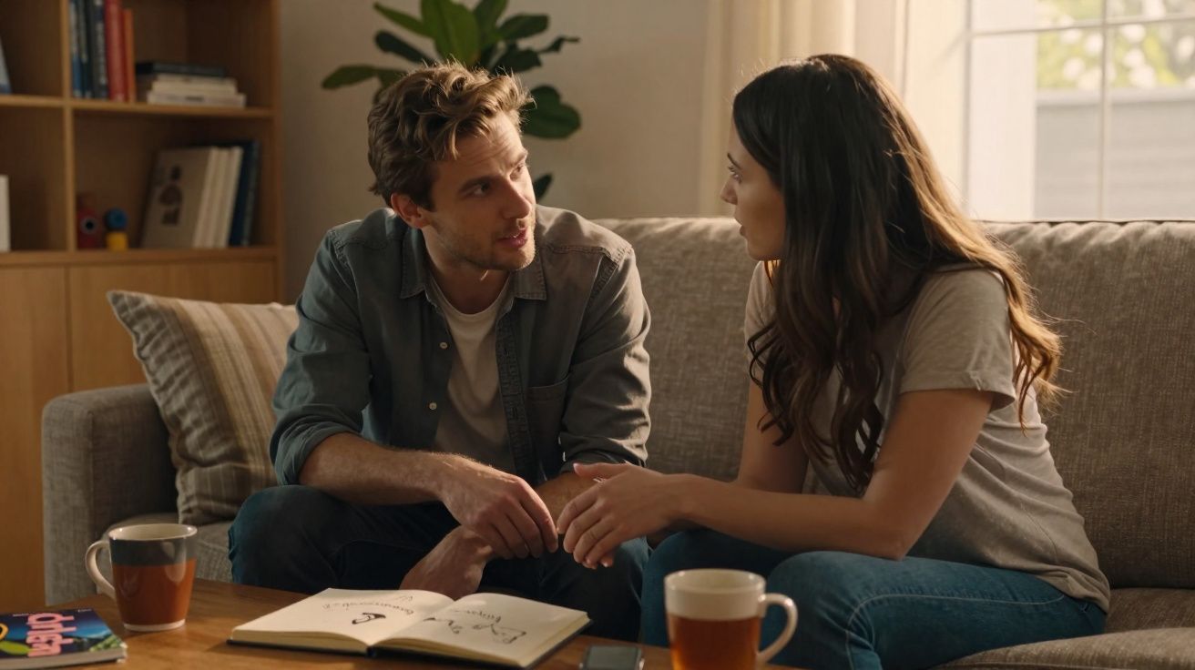Homem e mulher sentados no sofá a conversar, com livros e chá numa mesa à frente, em ambiente aconchegante.