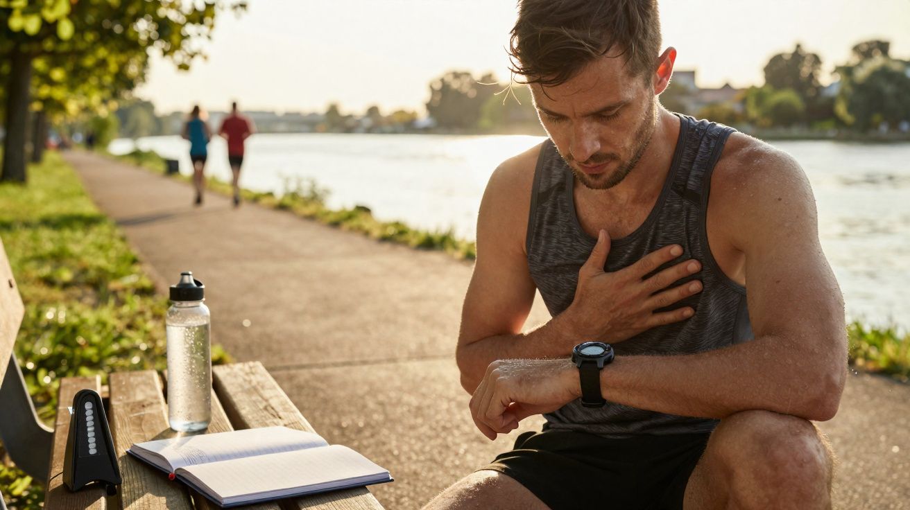 Homem sentado num banco junto a rio, com mão no peito e olhar para relógio desportivo no pulso.