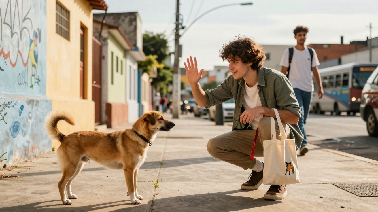 Rapaz agachado a cumprimentar um cão numa calçada urbana com edifícios e trânsito ao fundo.
