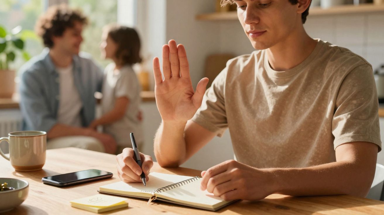 Jovem a recusar distrair-se do estudo enquanto casal conversa ao fundo numa cozinha iluminada.