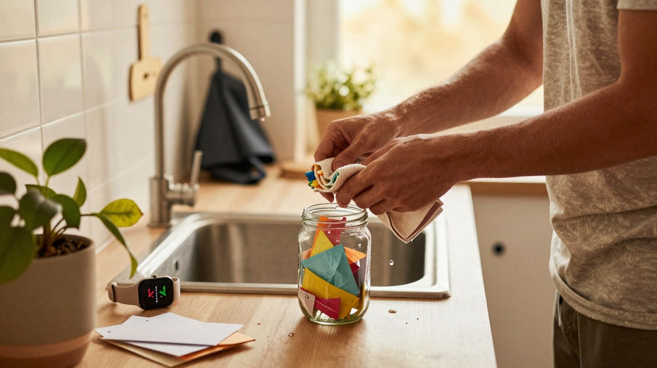 Pessoa a guardar bilhetes coloridos de papel num frasco de vidro numa cozinha iluminada.