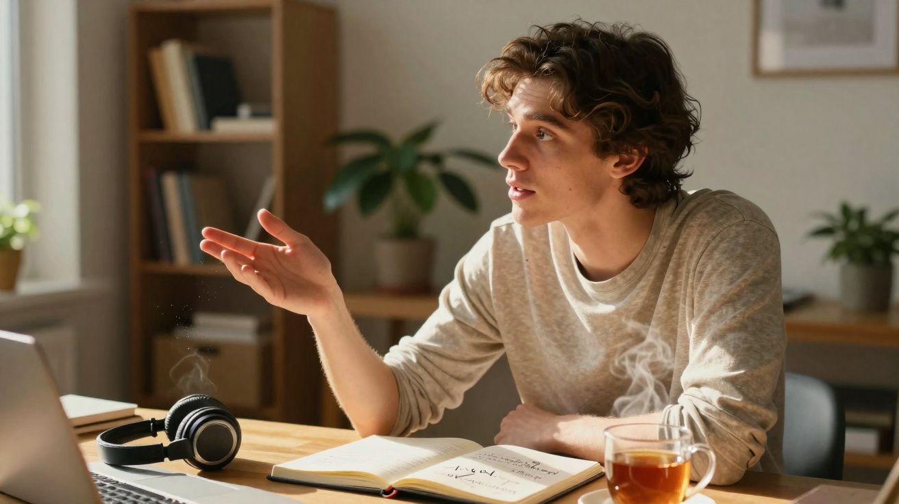 Jovem a conversar enquanto estuda, com caderno aberto, chá e auscultadores numa mesa de madeira junto a um laptop.