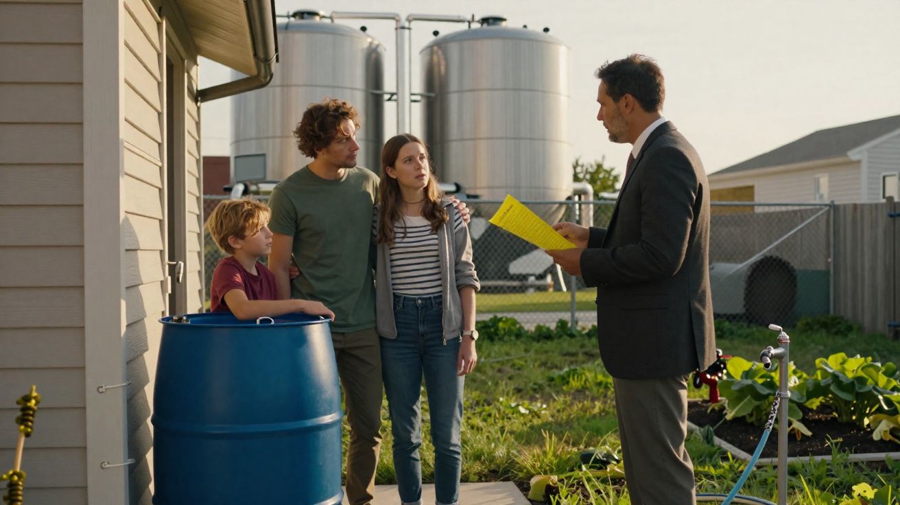 Homem de fato fala com família junto a barril azul e tanques industriais ao fundo numa área exterior.