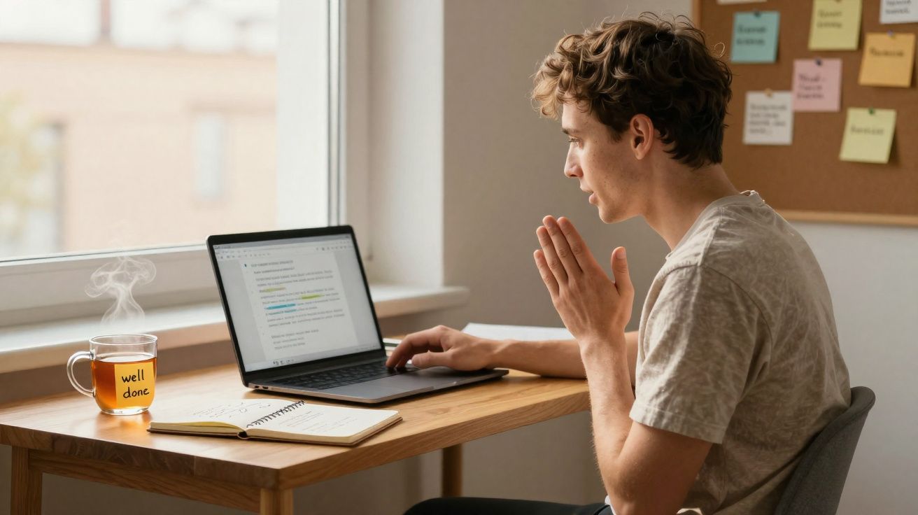 Homem jovem sentado numa secretária a olhar para o ecrã do portátil com chá quente ao lado.