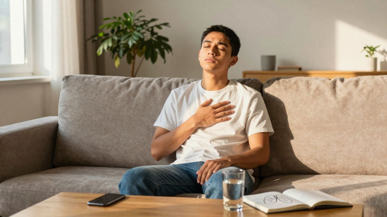 Jovem sentado no sofá com a mão no peito, aparentando dor ou desconforto respiratório.