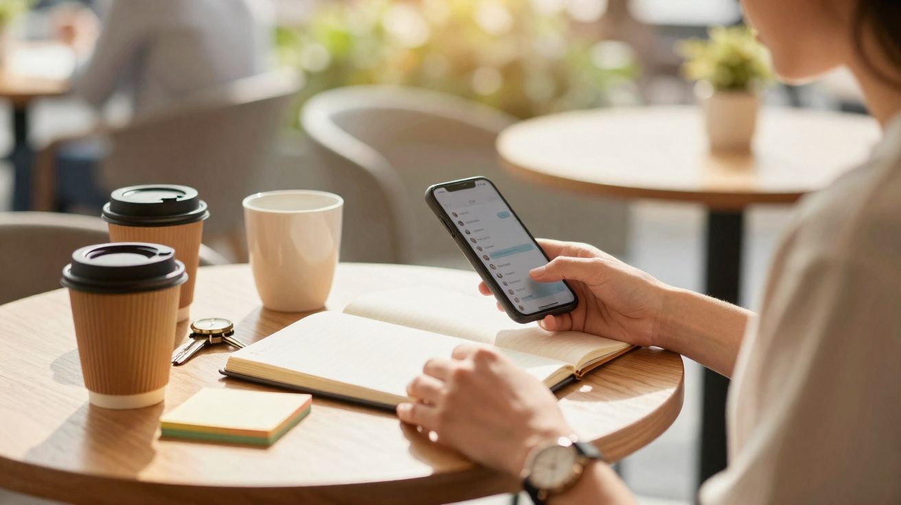 Pessoa a usar telemóvel com ecrã de mensagens, notebook aberto, post-its e duas chávenas de café numa mesa redonda.