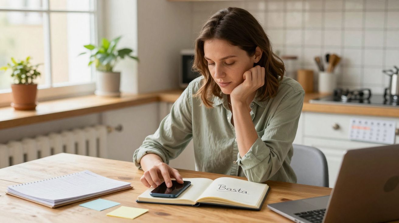 Mulher sentada numa cozinha a olhar para o telemóvel com caderno aberto à frente com a palavra "Basta".