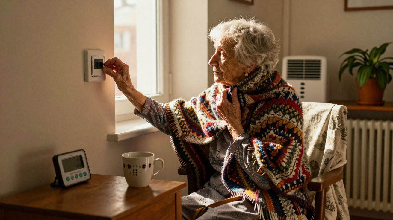 Idosa sentada a vestir uma manta colorida a ligar um interruptor de luz perto da janela.